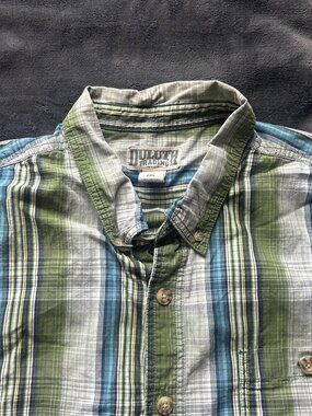 Duluth Trading Co Short Sleeve Shirt 2XL Green Blue Stripe